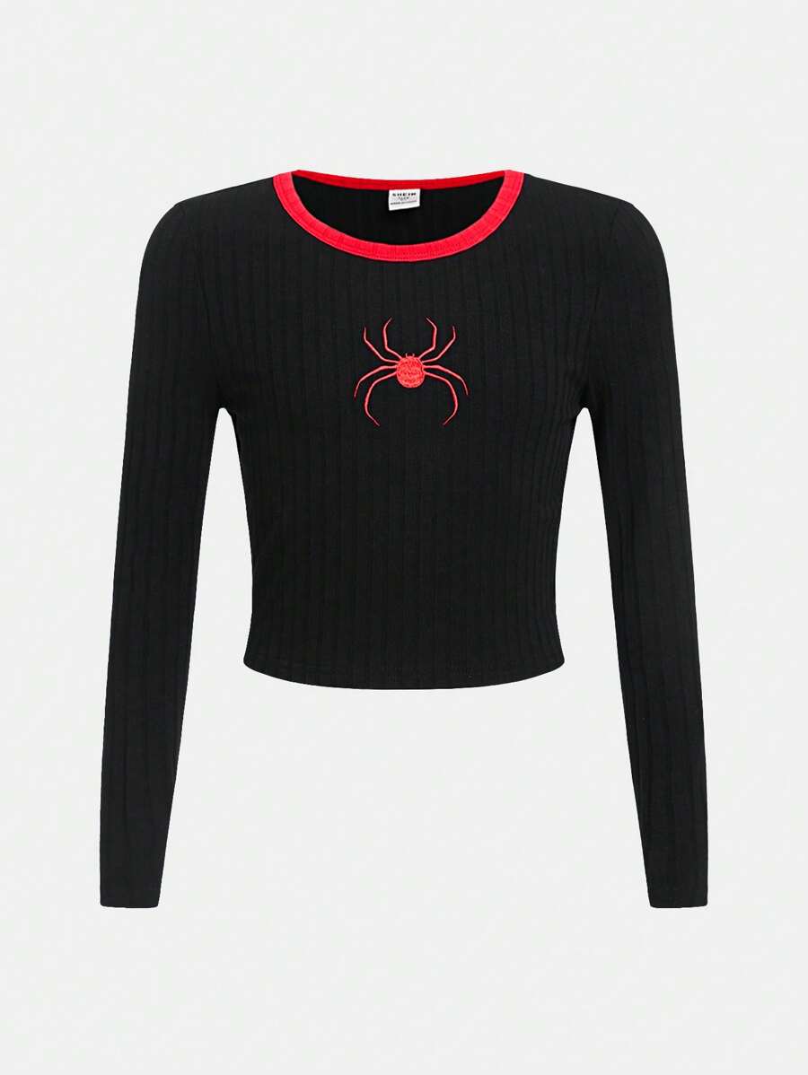 SHEIN Leap Crew Tween 女童休闲圆领撞色蜘蛛刺绣针织长袖上衣 - 黑色 - 查看 1