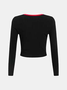 SHEIN Leap Crew Tween 女童休闲圆领撞色蜘蛛刺绣针织长袖上衣 - 黑色 - 查看 2