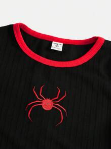 SHEIN Leap Crew Tween 女童休闲圆领撞色蜘蛛刺绣针织长袖上衣 - 黑色 - 查看 4