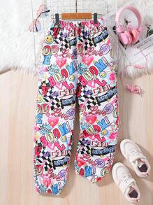 SHEIN Girls Letter & Heart Print Joggers - Multicolor - View 1