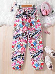 SHEIN Girls Letter & Heart Print Joggers - Multicolor - View 2