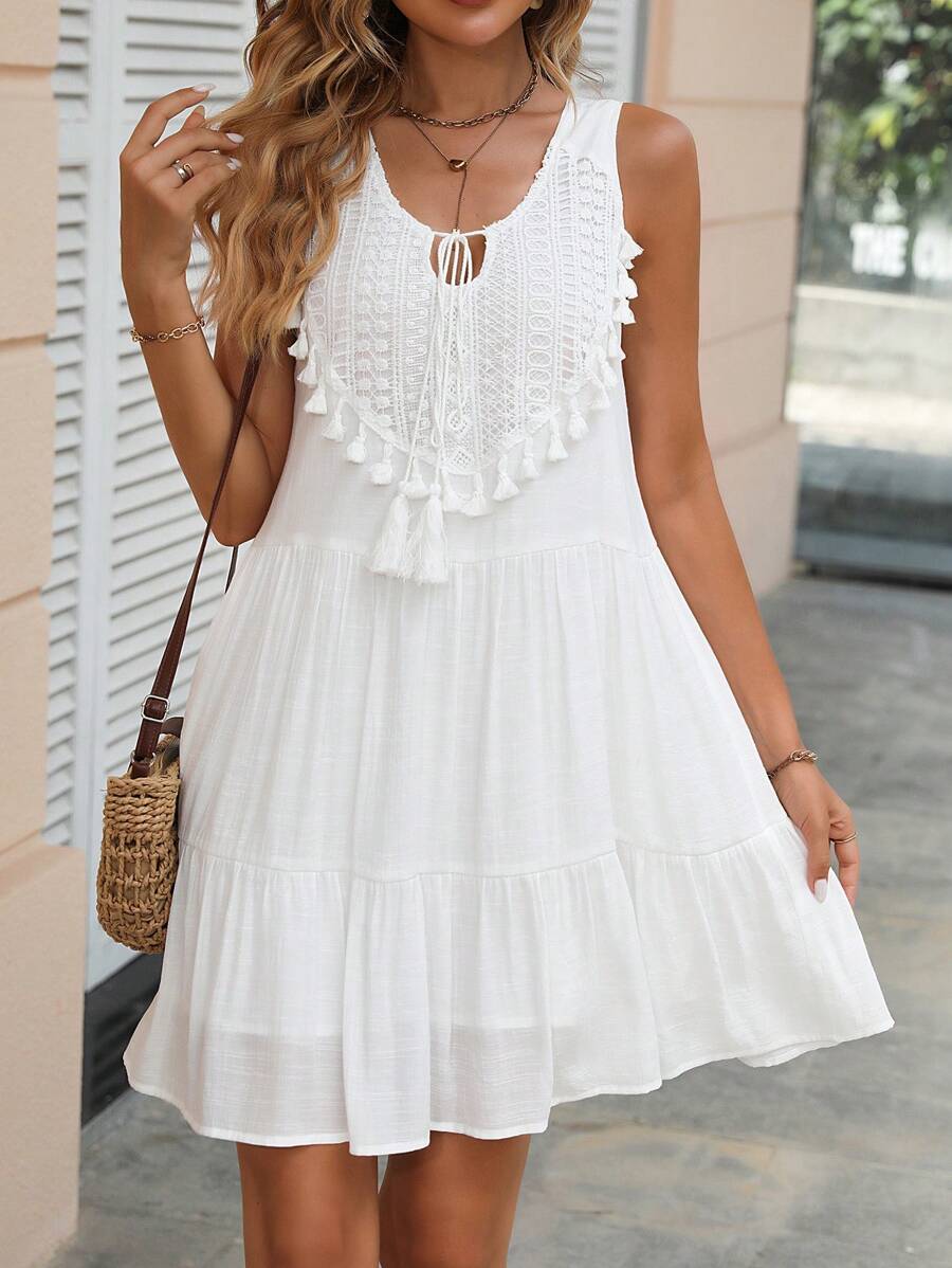 Breezaya Tassel Trim Tie Neck Ruffle Hem Dress Maxi Vacation Beach Outfits Women - White - View 1