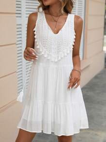 Breezaya Tassel Trim Tie Neck Ruffle Hem Dress Maxi Vacation Beach Outfits Women - White - View 5