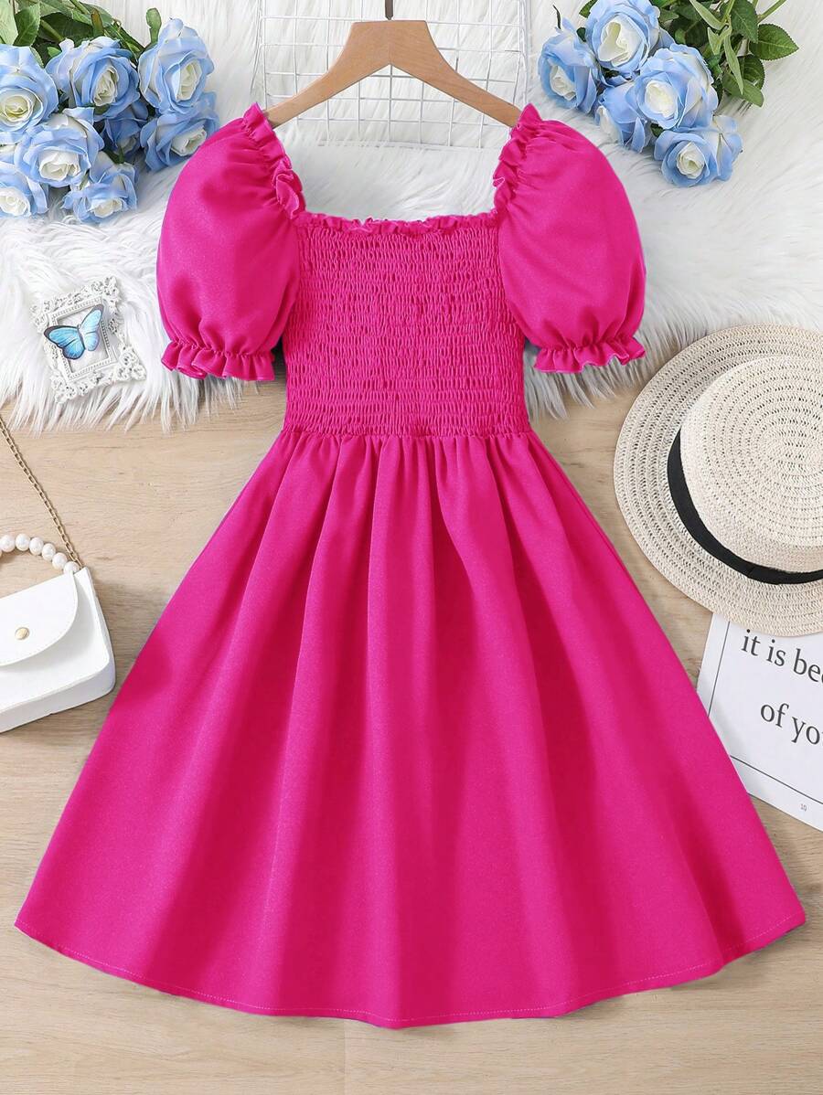 SHEIN Cô gái Tween Ống tay áo Lá sen tỉa Đầm xếp ly - Màu Hồng Tươi - Xem 1