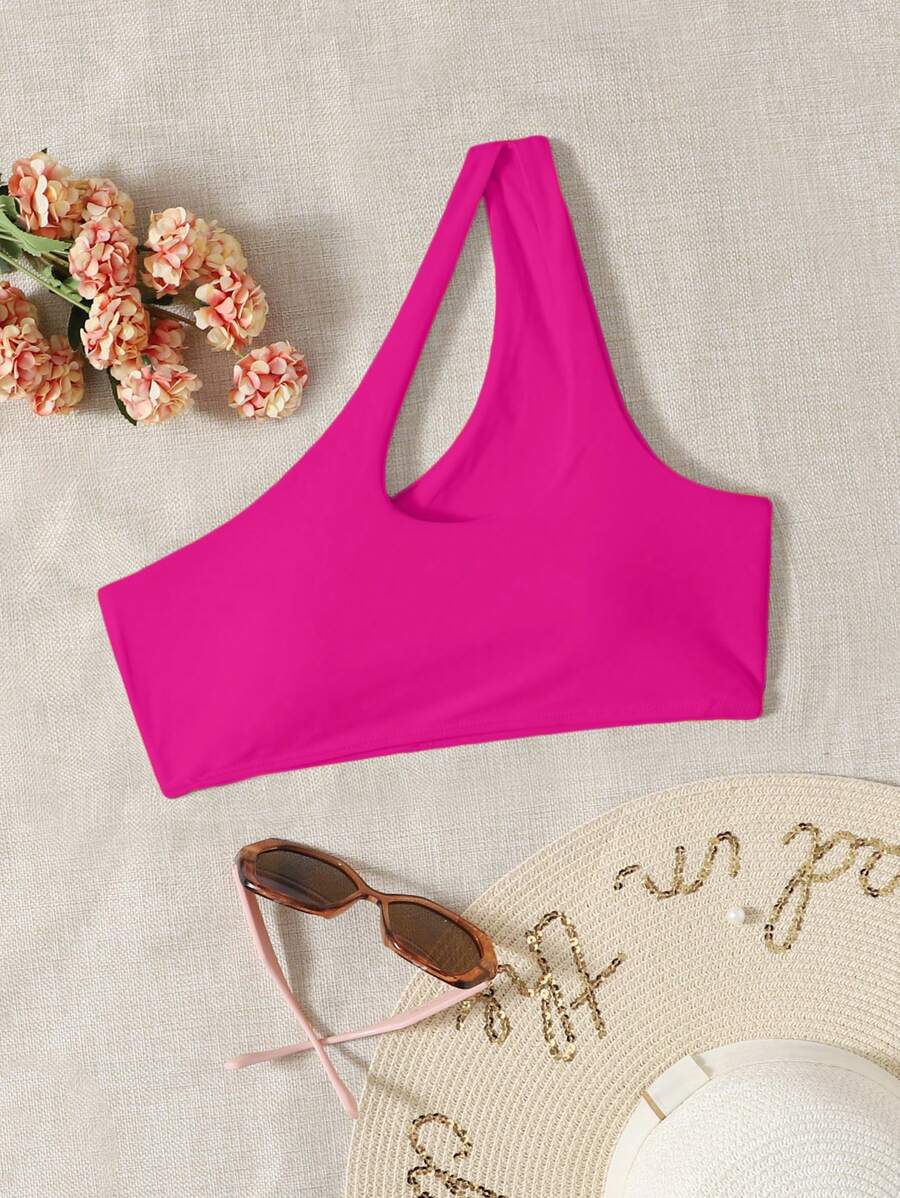 SHEIN Swim 素色鏤空單肩比基尼泳裝上衣 - 玫紅色 - 查看 1