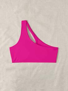 SHEIN Swim 素色鏤空單肩比基尼泳裝上衣 - 玫紅色 - 查看 2