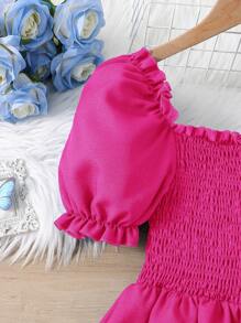 SHEIN Cô gái Tween Ống tay áo Lá sen tỉa Đầm xếp ly - Màu Hồng Tươi - Xem 3