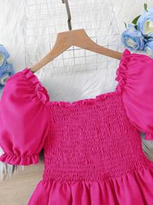 SHEIN Cô gái Tween Ống tay áo Lá sen tỉa Đầm xếp ly - Màu Hồng Tươi - Xem 4