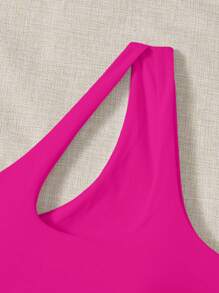 SHEIN Swim 素色鏤空單肩比基尼泳裝上衣 - 玫紅色 - 查看 5