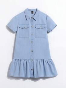 女大童翻蓋口袋荷葉邊牛仔裙 - 淺色水洗藍 - 查看 1