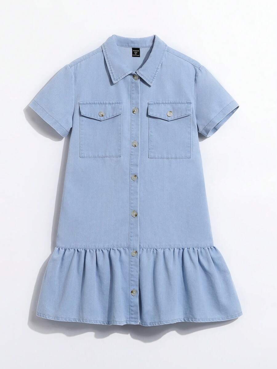 女大童翻蓋口袋荷葉邊牛仔裙 - 淺色水洗藍 - 查看 1