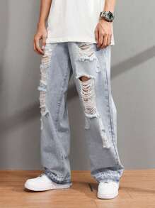 Manfinity EMRG 鬆身男士破洞直筒牛仔褲 - 淺色水洗藍 - 查看 3