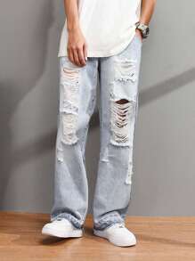 Manfinity EMRG 鬆身男士破洞直筒牛仔褲 - 淺色水洗藍 - 查看 5