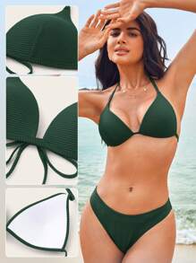 Swim Vcay Chất rắn Bikini tam giác dây - Màu xanh lá cây đậm - Xem 6