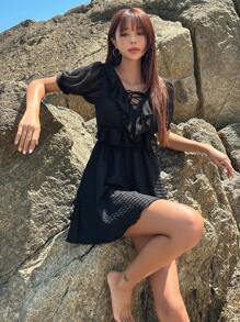 DAZY 荷叶边系带连体泳衣夏季沙滩女装度假