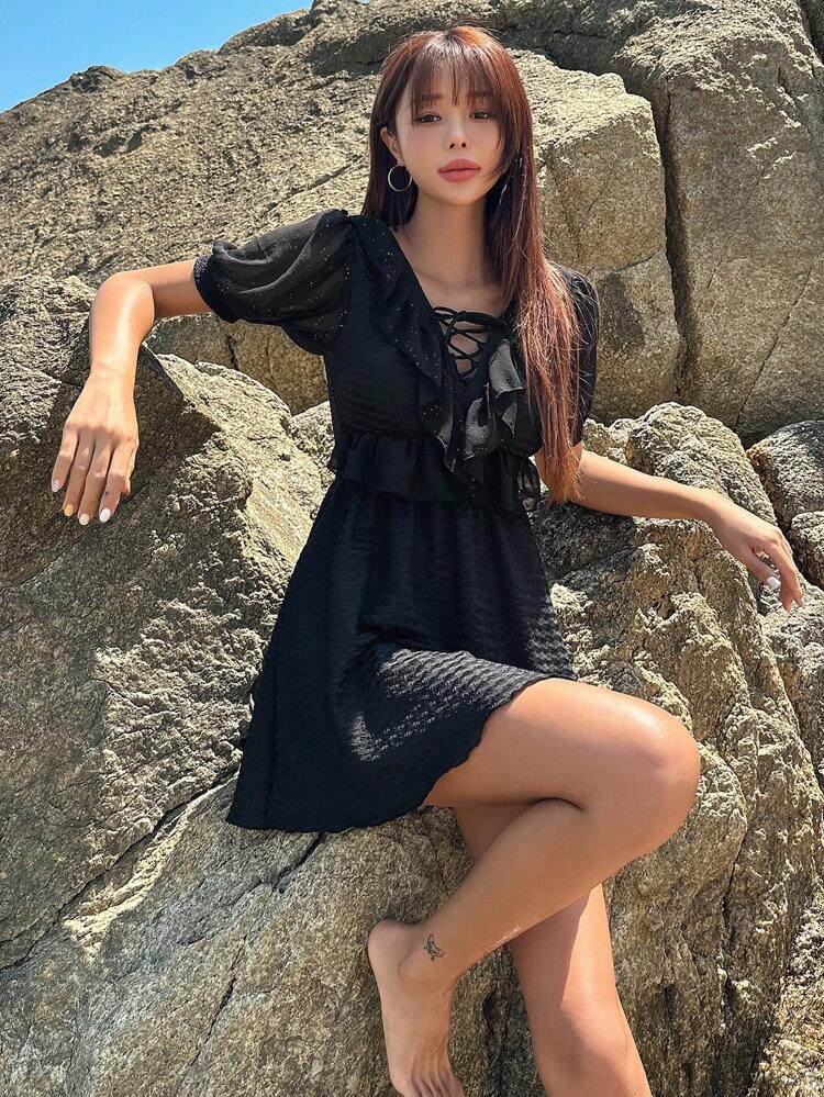 Traje de baño de una pieza con volantes y cordones delanteros, conjunto de ropa de verano para playa y vacaciones para mujeres