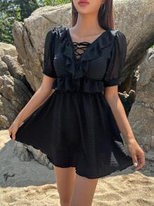 DAZY 荷叶边系带连体泳衣夏季沙滩女装度假