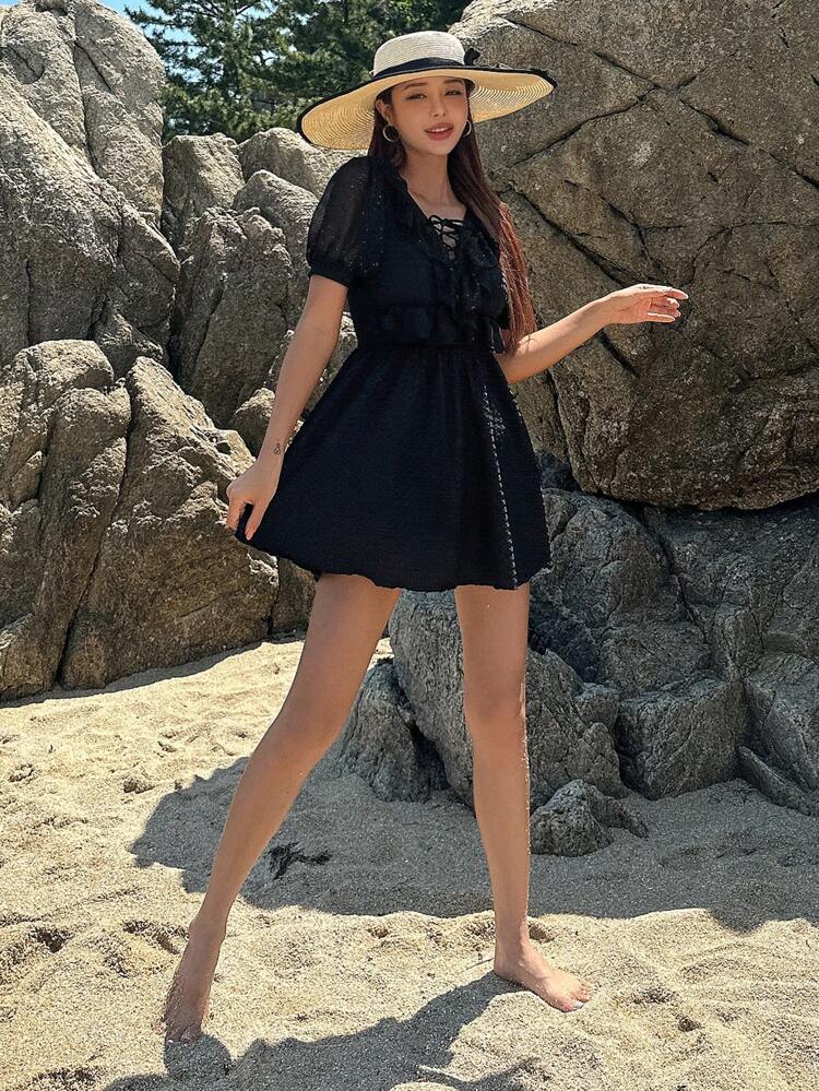 Traje de baño de una pieza con volantes y cordones delanteros, conjunto de ropa de verano para playa y vacaciones para mujeres