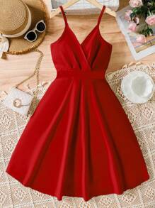 SHEIN Explorewe 少女纯色细肩带交叉褶皱秋千连衣裙，度假风格 - 紅色 - 查看 1