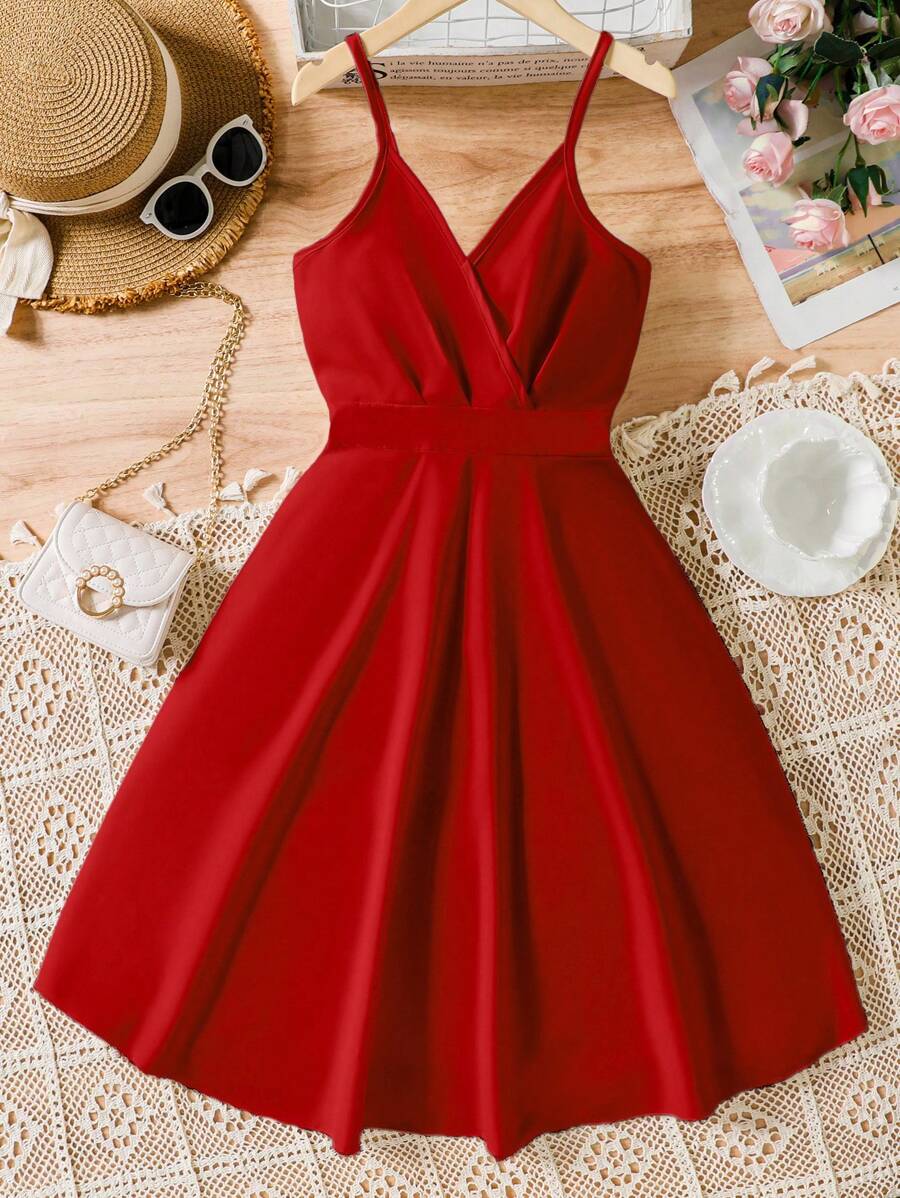 SHEIN Explorewe 少女纯色细肩带交叉褶皱秋千连衣裙，度假风格 - 紅色 - 查看 1