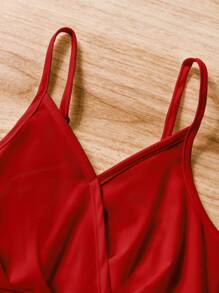 SHEIN Explorewe 少女纯色细肩带交叉褶皱秋千连衣裙，度假风格 - 紅色 - 查看 4