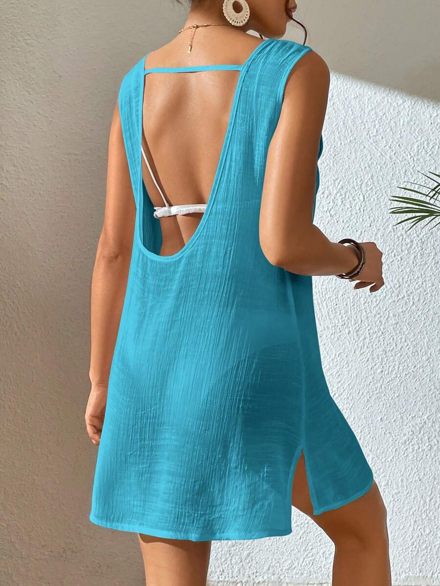 SHEIN Unity Cut Out Backless Split Hem Cover Up Dress Without Bikini Summer - Blue - View 1