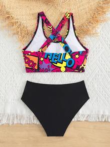 Tween Girl Letter Graphic Criss Cross Bikini Set Summer Beach - Multicolor - View 2