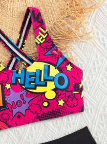 Tween Girl Letter Graphic Criss Cross Bikini Set Summer Beach - Multicolor - View 3