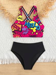 Tween Girl Letter Graphic Criss Cross Bikini Set Summer Beach - Multicolor - View 5