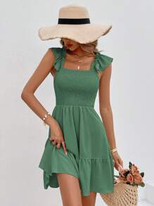 SHEIN VCAY Vestido unicolor ribete con fruncido bajo con fruncido - Verde - Ver 5