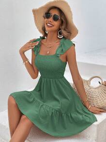 SHEIN VCAY Vestido unicolor ribete con fruncido bajo con fruncido - Verde - Ver 6