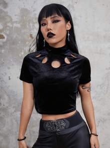 ROMWE Goth 鏤空小高領短款T恤 - 黑色 - 查看 1