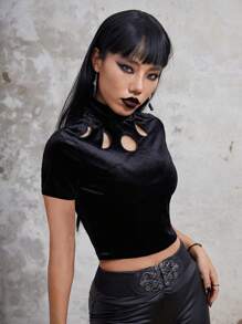 ROMWE Goth 鏤空小高領短款T恤 - 黑色 - 查看 4