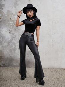 ROMWE Goth 鏤空小高領短款T恤 - 黑色 - 查看 6