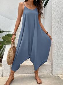 SHEIN VCAY Chất rắn Túi Kép Bộ áo liền quần Cami - Màu xanh lam - Xem 3