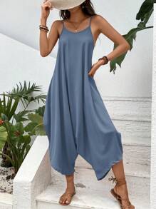 SHEIN VCAY Chất rắn Túi Kép Bộ áo liền quần Cami - Màu xanh lam - Xem 5