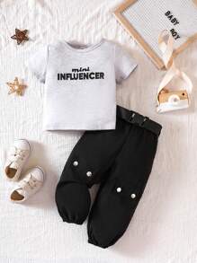 Baby Boy Letter Graphic Tee & Flap Detail Pants