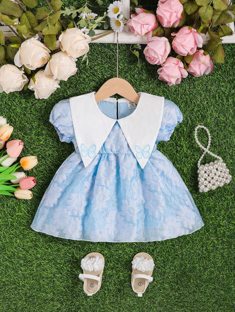 女嬰花卉圖案提花拼接領泡泡袖彼得潘領娃娃裙 - 淺藍色 - 查看 1