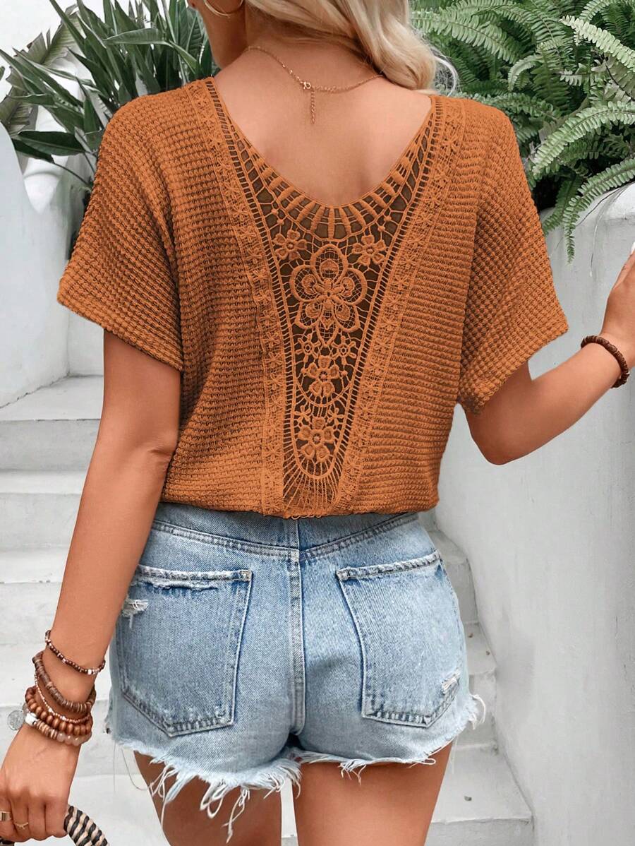 Breezaya Áo thun nữ Tương phản ren màu trơn Giải trí - màu nâu - Xem 1