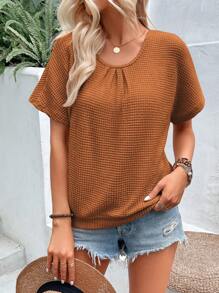 Breezaya Áo thun nữ Tương phản ren màu trơn Giải trí - màu nâu - Xem 4