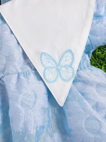 女嬰花卉圖案提花拼接領泡泡袖彼得潘領娃娃裙 - 淺藍色 - 查看 5