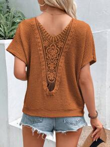 Breezaya Áo thun nữ Tương phản ren màu trơn Giải trí - màu nâu - Xem 5