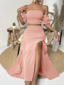SHEIN VCAY Off Shoulder Lá sen tỉa Top Cây trồng & Tách đùi Váy - Hồng - Xem 1