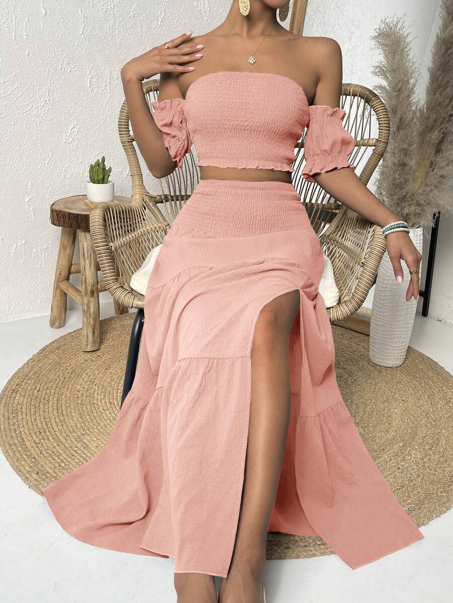 SHEIN VCAY Off Shoulder Lá sen tỉa Top Cây trồng & Tách đùi Váy - Hồng - Xem 1