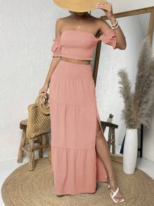 SHEIN VCAY Off Shoulder Lá sen tỉa Top Cây trồng & Tách đùi Váy - Hồng - Xem 4