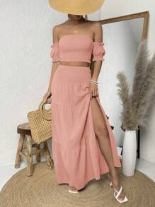 SHEIN VCAY Off Shoulder Lá sen tỉa Top Cây trồng & Tách đùi Váy - Hồng - Xem 5