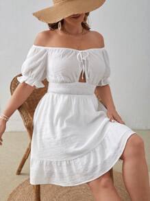 SHEIN VCAY Hơn Off Shoulder Tie Trước Xù Hoa Sen Đầm - trắng - Xem 3