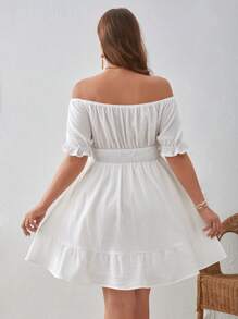 SHEIN VCAY Hơn Off Shoulder Tie Trước Xù Hoa Sen Đầm - trắng - Xem 2