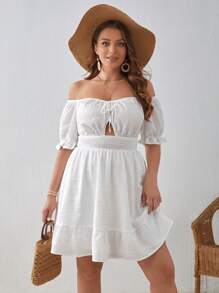 SHEIN VCAY Hơn Off Shoulder Tie Trước Xù Hoa Sen Đầm - trắng - Xem 4