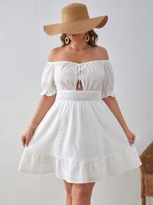 SHEIN VCAY Hơn Off Shoulder Tie Trước Xù Hoa Sen Đầm - trắng - Xem 1
